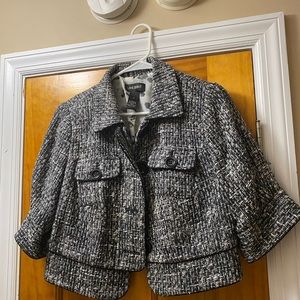 Lane Bryant Black & White Tweed Cropped 3/4 Sleeve Blazer Jacket 14